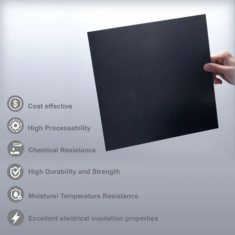 Person holding a Black Phenolic Sheet, 12x12 Inch, for electronics, showcasing its durable laminated features.