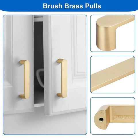 Brushed Brass Cabinet Handles 4 Pack Gold Drawer Pulls installed on white doors, showcasing 3-3/4 Inch 96mm hole spacing and 18mm projection.