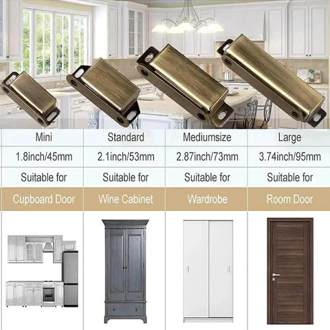 Various sizes of magnetic cabinet catches displayed with measurements for cupboard, wine cabinet, wardrobe, and room door usage.