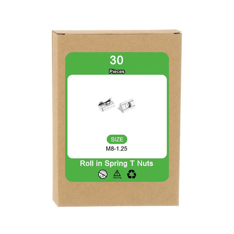 Product packaging of M8 Roll In Spring T Nuts Set 30 Pcs Nickel Plated Carbon Steel For 3030 And 4040 Aluminum Slot Profiles