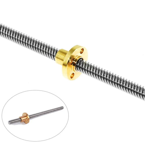 T8 Lead Screw 1000mm Stainless Steel Rod With Brass Nut for DIY 3D Printer Z Axis, close-up of threaded rod and brass nut