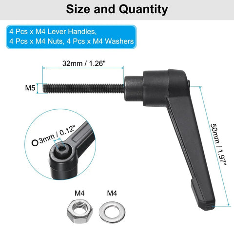 Lever Adjustable Handles M4 32mm Metric Thread Level Clamping Handle Set With Nuts And Washers 4Pcs Black with size details