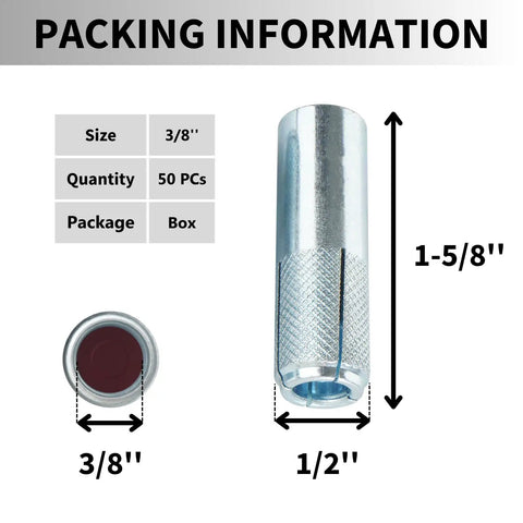 Heavy Duty Drop-In Anchors For Concrete, 50 Pack, Three Eighths Inch Diameter, 16 Thread, Zinc Plated For Durability shown in size chart