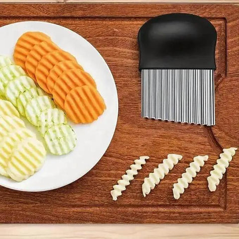 Crinkle Cutter Upgraded Stainless Steel Crinkle Knife For French Fries And Potato Chips Safety Kitchen Tool 1pc on wood board.