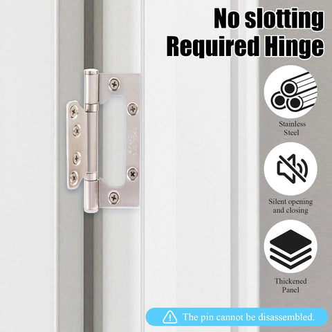 Stainless steel door hinge, 4x3 inches, installed on a white door frame; silver.