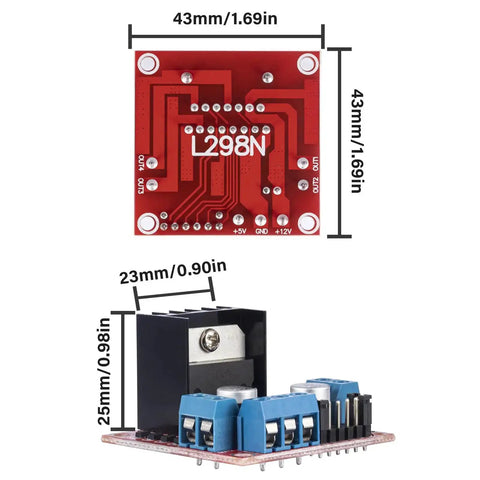 Beefed Up Dual L298N H Bridge Motor Driver Module dimensions top and side views for Arduino Projects 5V To 35V Pack Of Four
