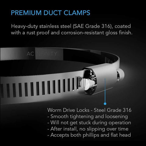 Close-up of Premium 4-inch stainless steel duct clamp showing worm drive lock and smooth finish.