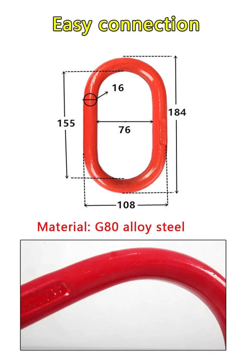 Heavy Duty G80 Alloy Steel Master Link Chain Lifting Ring 3.0T 6610 Lbs Capacity with dimensions and material details