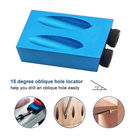 14 Piece Pocket Hole Jig Set With 15 Degree Dowel Drill Joinery Kit And 6 8 10mm Drive Adapters, blue aluminum block with angled holes.