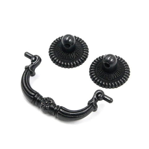 Four Pieces Bail Pull Handles Antique Vintage Hardware For Furniture Cabinets Drawers And Dressers Black Zinc Alloy Rustproof Durable 95x45mm Overall Size With 64mm Center Hole Spacing Easy To Install And Suitable For Most Furniture shown disassembled on white background.
