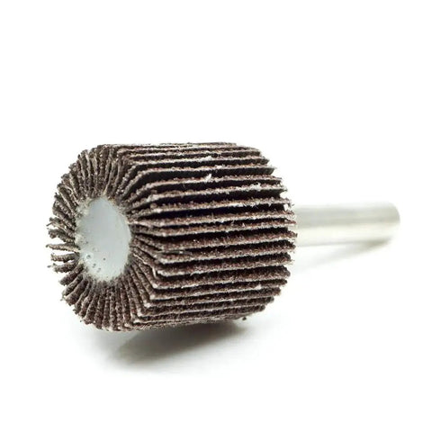 Close-up of Aluminum Oxide Flap Wheel 1 Inch, 60 Grit for Deburring Sanding Grinding and Paint Removal, 10 Pack with One Quarter Inch Shank.