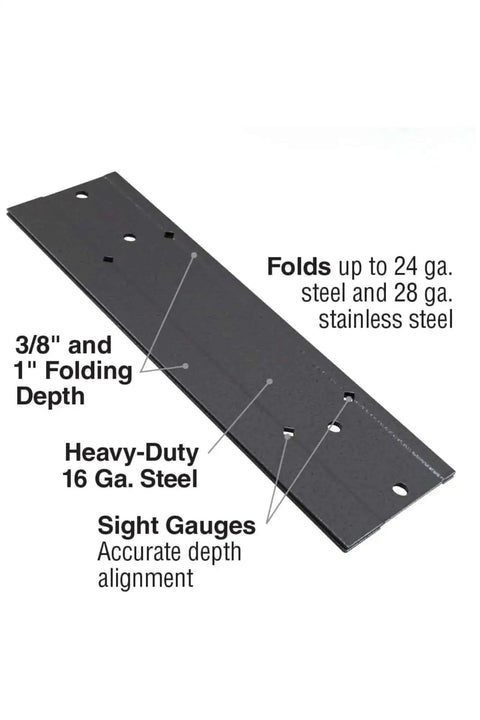 Image of Heavy Duty 24 Inch Sheet Metal Folding Tool With Dual Depths Three Eighths Inch And One Inch, showing sight gauges and steel material.