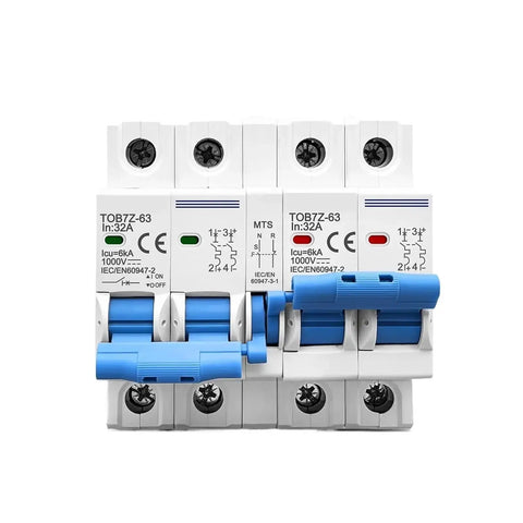 Front view of 2P DC Dual Power Manual Transfer Switch MCB For PV System 40A Heavy Duty Miniature Circuit Breaker with overload protection.