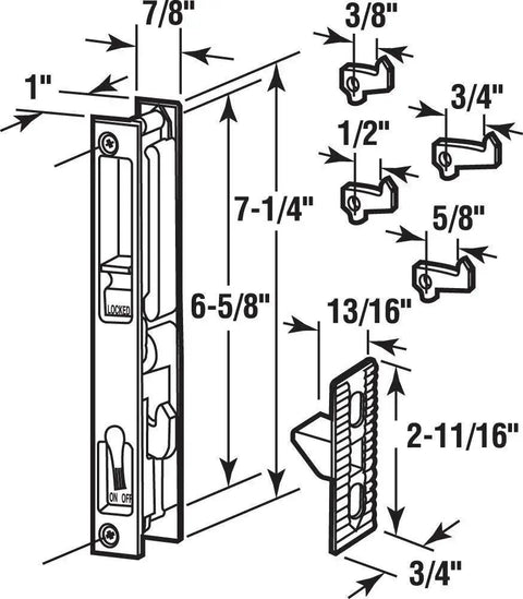 Diagram of Diecast Keyed Patio Sliding Door Handle Set For 1 In To 1-1/8 In Thick Sliding Glass Doors Black Replacement Hardware with dimensions
