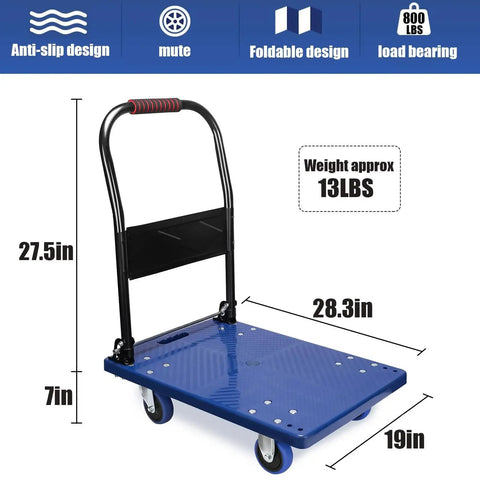 Foldable Push Cart Dolly With 360 Degree Swivel Silent Wheels, heavy duty moving platform with 800 lb capacity, blue steel design