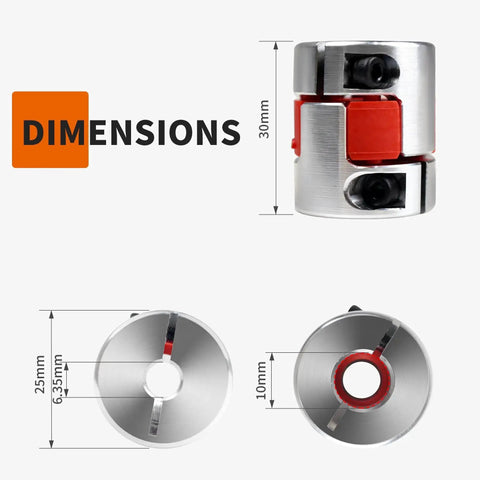 3 Pack 6.35mm To 10mm Plum Flexible Shaft Couplings D25L30 Aluminum Jaw Spider Shaft Connectors dimension diagram 30mm height 25mm diameter