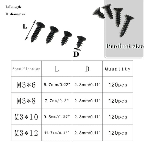 480Pcs M3 Phillips Flat Head Self Tapping Wood Screws Set For DIY Projects Black Carbon Steel With Deep Threads And No Burrs