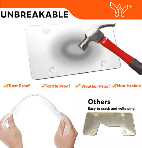 Close-up of Clear 2 Pack License Plate Cover For Your Ride Weather Resistant Unbreakable Protector, showing durability with hammer.