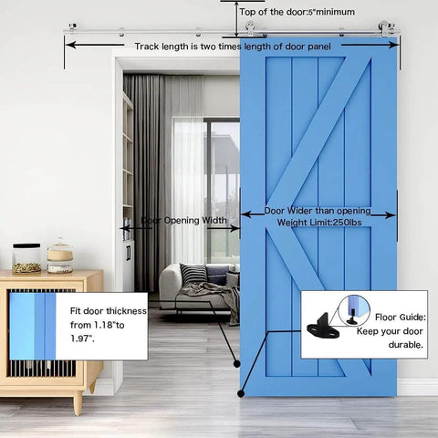 14 Foot Stainless Steel Sliding Barn Door Hardware Track Kit Top Mount T Hanger Set For A Single Door in use on blue door