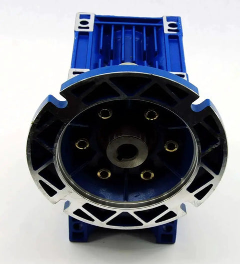 Front view of Industrial Worm Gear Speed Reducer 20 To 1 with 56C Flange, hollow shaft, blue housing, MRV063 Series by Lexar.