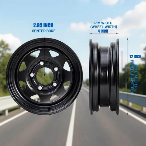 Side and front view of black trailer rims, 12x4 size, 5 lug on 4.5 inch bolt pattern, Pair Of 4.80-12 Trailer Tires On 12 X 4 Rim.