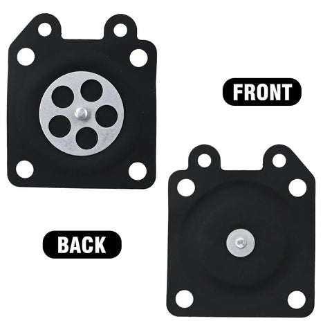 Metering diaphragm replacement for Zama/Walbro carburetors; front and back views, black square gasket with silver diaphragm