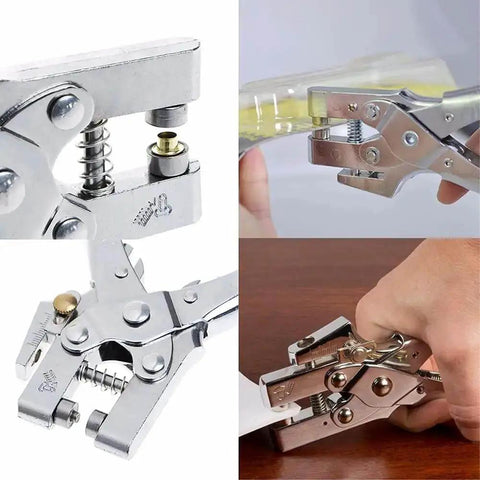 All In One Grab And Go Eyelet Grommet Pliers Kit with 1 Hole Punch and 100 Gold Grommets in use on various materials