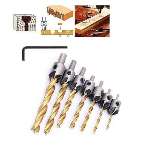 7 Piece Titanium Coated HSS Countersunk Drill Bit Set 3 To 10mm Round Shank Pro Grade For Woodworking Chamfering And Boring Includes Hex Wrench Built Tough For Long Life