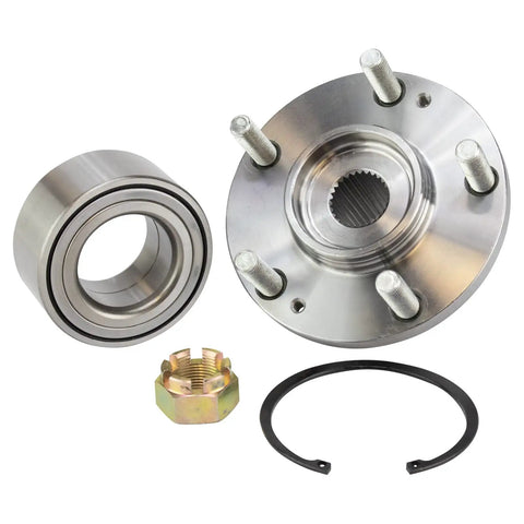 Front Wheel Bearing And Hub Assembly Kit For 2001-2006 Hyundai Santa Fe, 2005-2009 Tucson, And 2005-2008 Kia Sportage Durable Replacement With Easy Install And Long Lasting Performance, showing components including axle nut and ring