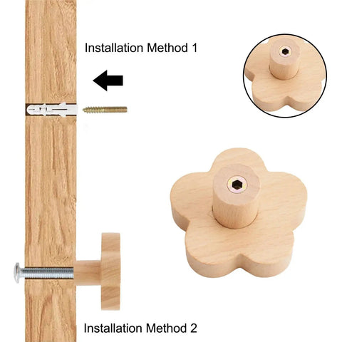 Flower Shaped Wooden Knobs Set Of 6 Natural Beech Wood Drawer Handles with installation methods and screws shown