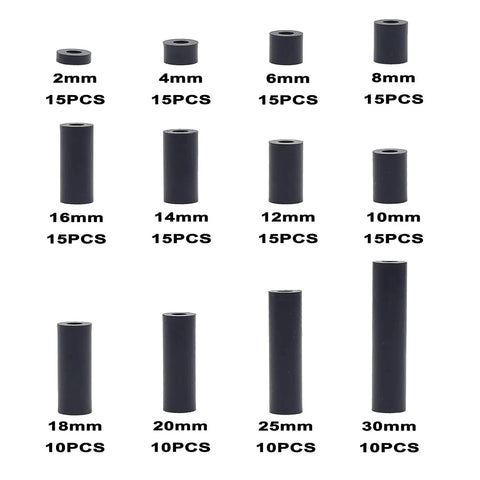 Unthreaded Metric Spacer Kit For M3 Screws 7mm OD 3.2mm ID Black ABS Round Spacers 12 Lengths From 2mm To 30mm Includes 4mm 6mm 8mm
