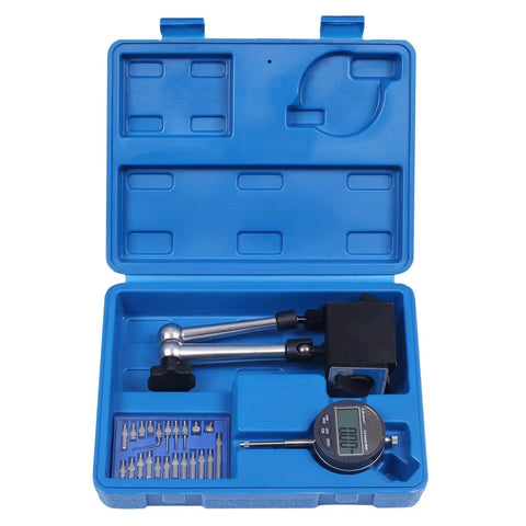 Electronic Digital Dial Indicator With Magnetic Base Holder 0-1 Inch Range, 0-25.4 Mm, in blue case with tips and tools.