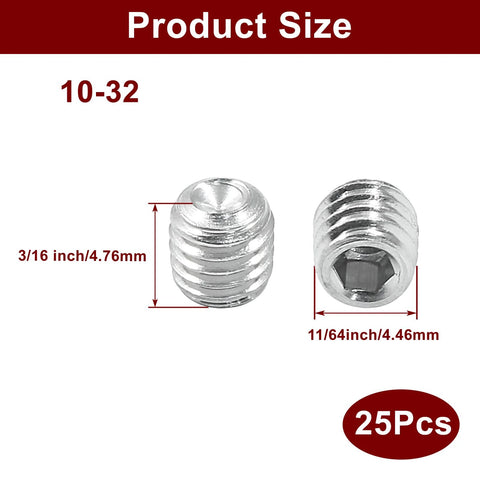 Close-up view of 25 Pcs 10 32 Hex Socket Cup Point Grub Screws Set Stainless Steel 304 Internal Hex Drive, showing dimensions.