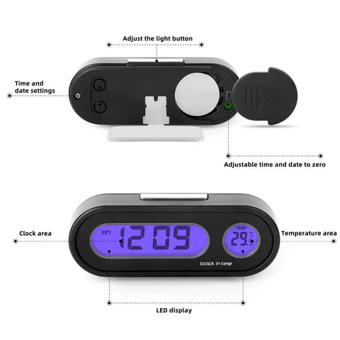 Car Digital Temperature And Time Clock With LCD Backlight And Celsius Readout showing time and temperature on an LCD screen.