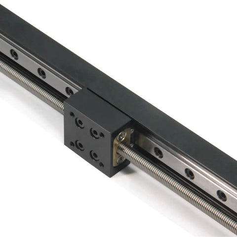 Close-up of Slick Mini Linear Rail Guide Slide Actuator 250mm Stroke With T6x1 Lead Screw And NEMA 11 Stepper Motor