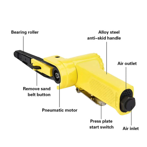 Pneumatic Belt Sander Polisher For Grindin Welding Parts Burr Bustin And Chamferin With Quick Belt Change System in yellow with labeled parts