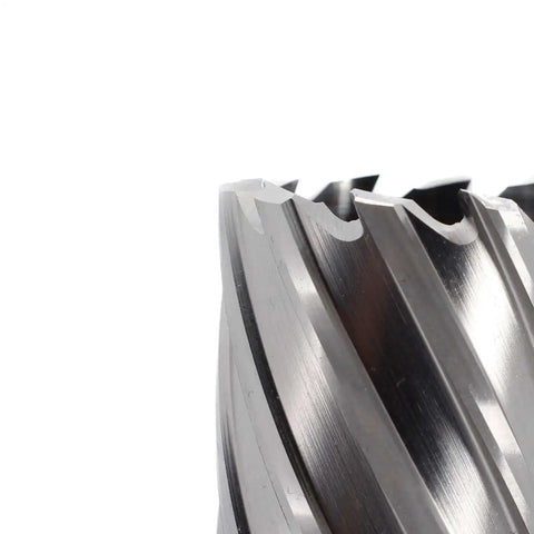 Close-up of Beefy Annular Cutter For Magnetic Drill Press One Nine Sixteenth Inch Cutting Diameter And Two Inch Depth With Three Quarters Inch Weldon Shank Two Flat Pilot Pin Included Delivers Holes Ten Times Faster.