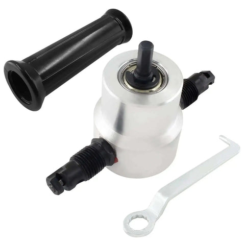 Double Head Sheet Metal Nibbler Cutter Attachment For Drill Pro Grade Heavy Duty Metal Cutting Tool with Hole Saw, shown with hex wrench