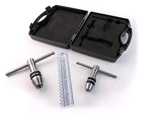 Two Piece Tap Wrench Set With Sliding T Handle And Reference Table For Zero To One Half Inch Taps Ideal For Precise Threading And Straight Holes