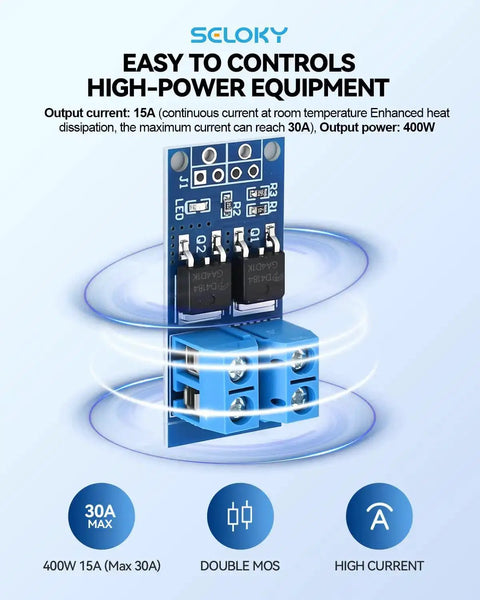 Six Piece Dual High Power MOSFET Trigger Switch Drive Module Kit With 0-20KHz PWM Adjustment, shown in blue with control specs.