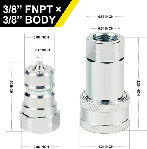 Hydraulic quick connect coupler fittings ANCIMOON, 3/8 in FNPT x 3/8 in body, silver with dust cap, 2-piece set