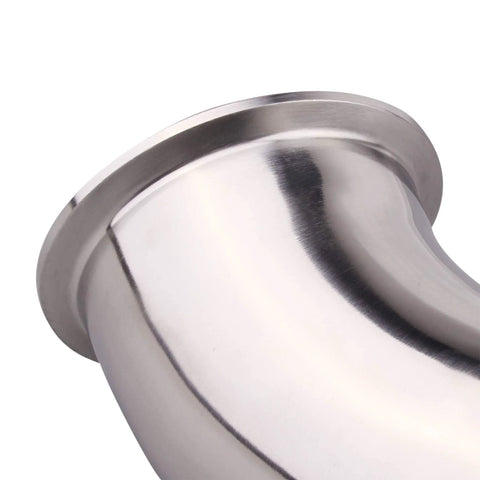 Close-up of stainless steel 45-degree elbow pipe fitting, 3-inch tube OD, 304 stainless, tri-clamp compatible