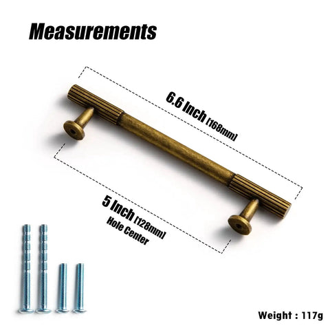 Image showing Vintage Antique Brass Zinc Alloy Cabinet Handles With Striped Detailing 128mm Center-To-Center and mounting screws