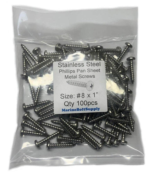 Front view of No 8 By 1 Inch Stainless Steel Pan Head Sheet Metal Screws Full Thread Phillips Drive Bright Finish Self-Tapping 100-Piece Pack