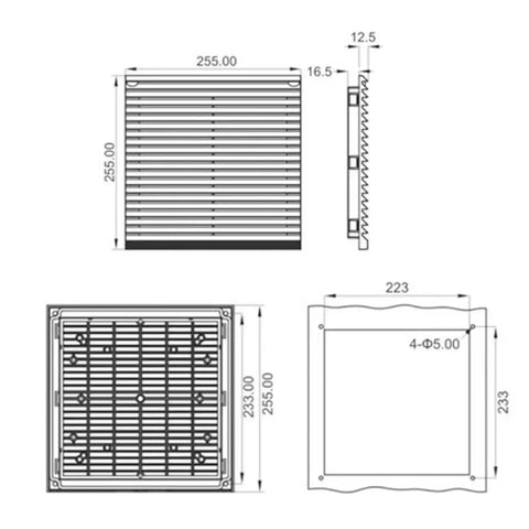 255x255mm Electronic Enclosures Ventilation Filter For Control Panels FK9805 diagram with dimensions and fitting details