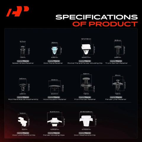 Honda CR-V 2002-2011 Grab-and-Go 230 Piece Car Body Must-Have Fastener Kit product specifications chart