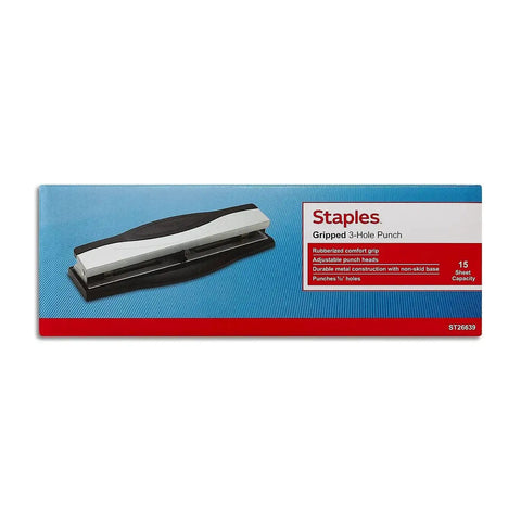 Heavy Duty 3 Hole Punch For Office Paper on packaging, High End Adjustable Desktop Punch, 15 Sheet Capacity, Sleek Black and Silver Finish