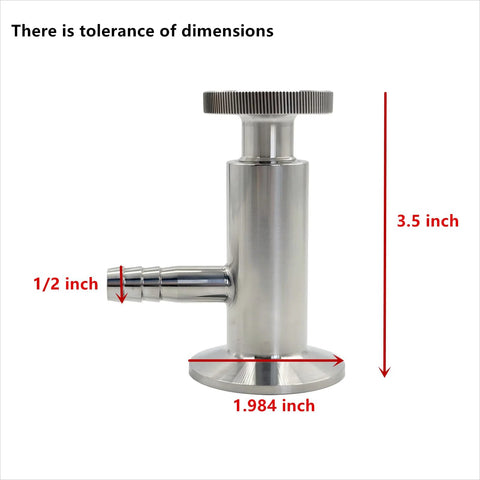 Side view of Geife sanitary 1.5-in tri-clamp sample tap valve, SS304 stainless steel with 1/2-in barb outlet and EPDM seal