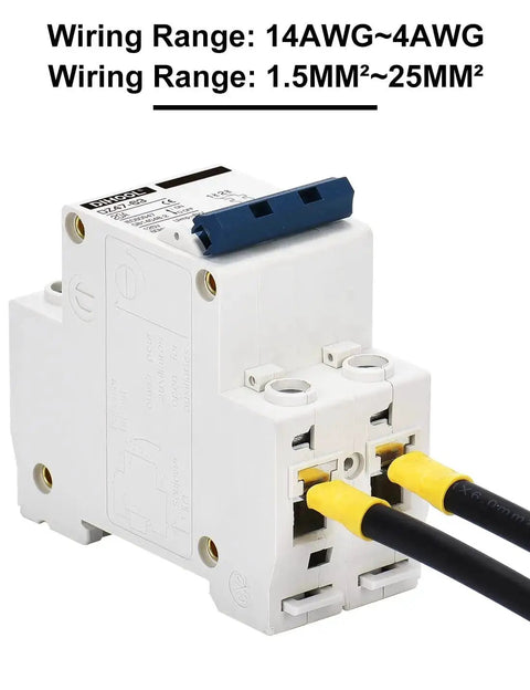 AC Miniature Circuit Breaker 2 Pole 20 Amp 110V Low Voltage Disconnect Switch For DIN Rail Mount with wires inserted