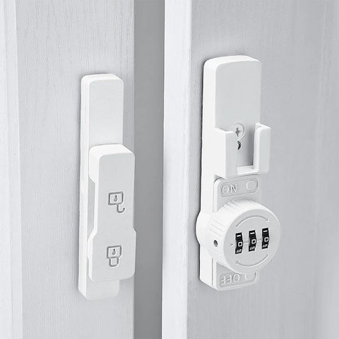 White 180 Degree Barn Door Lock With 3 Digit Keyless Password, privacy lock installed on wooden barn door with flip latch